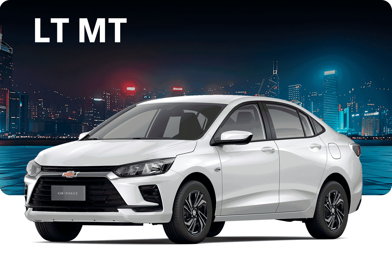 Onix Sedán LT MT 2026 color blanco frente a ciudad