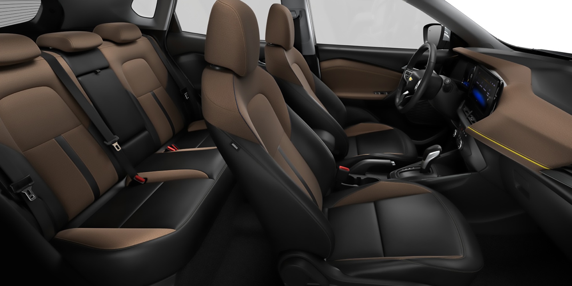 Interior café y negro, vista lateral, destacando la ergonomía y materiales sofisticados.