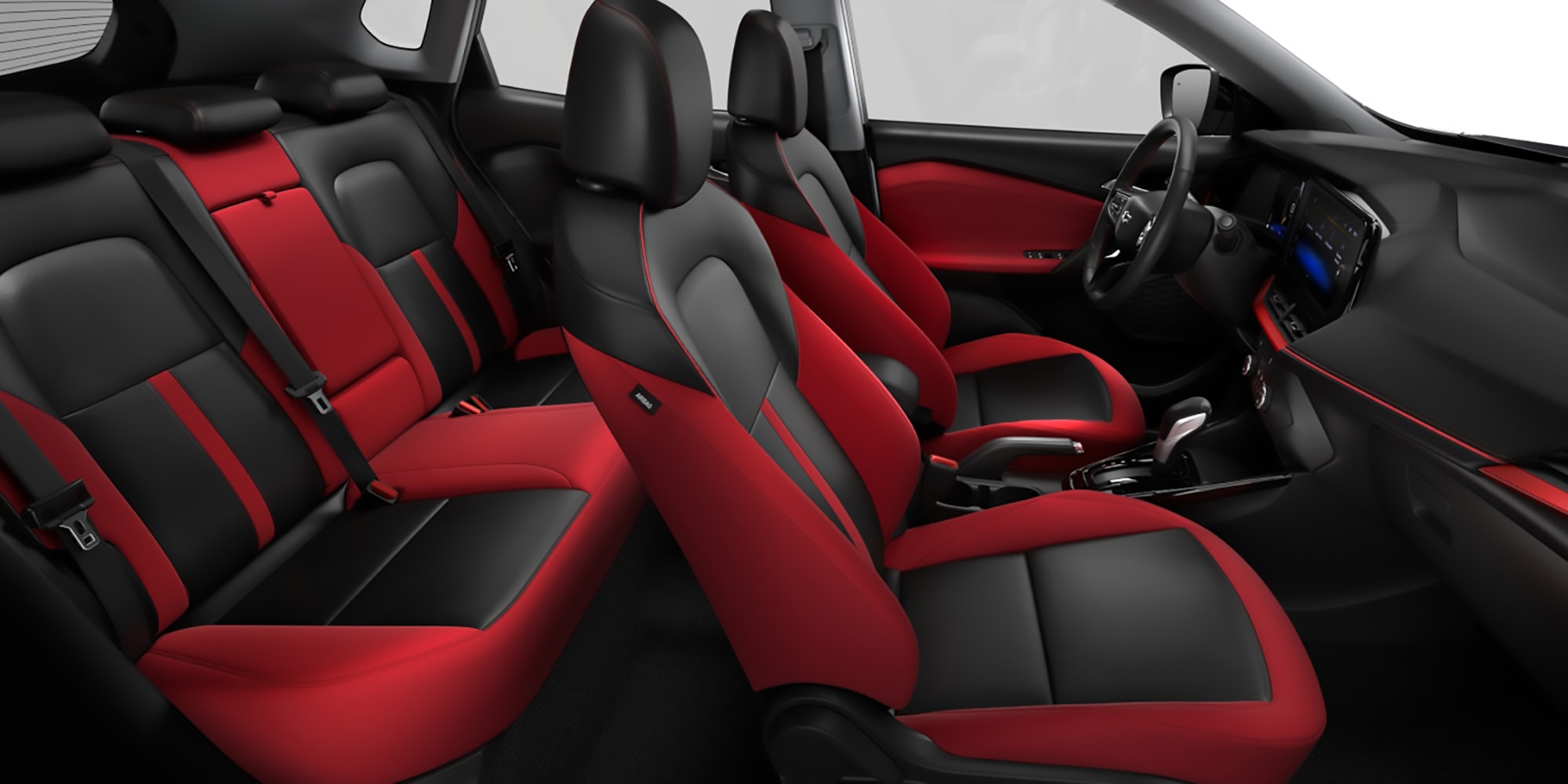 Interior rojo y negro, vista lateral, con asientos ergonómicos y materiales sofisticados.